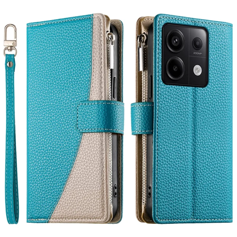 Für Xiaomi Redmi Note 13 Pro 5G / Poco X6 5G Hülle Reißverschluss Geldbörse Farbmischung Leder Flip Handyhülle mit Trageband - Seeblau