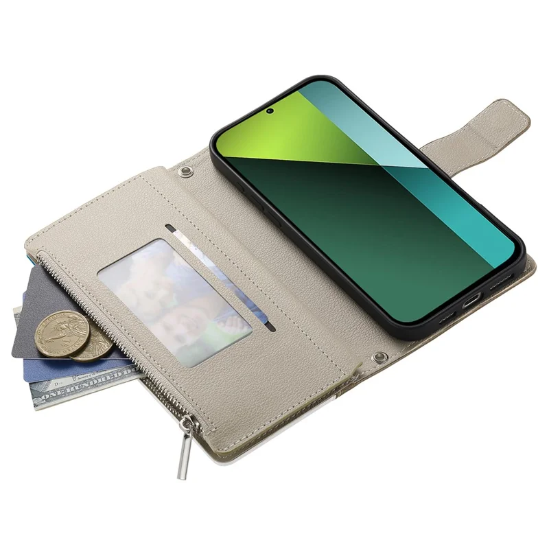 Für Xiaomi Redmi Note 13 Pro 5G / Poco X6 5G Hülle Reißverschluss Geldbörse Farbmischung Leder Flip Handyhülle mit Trageband - Seeblau