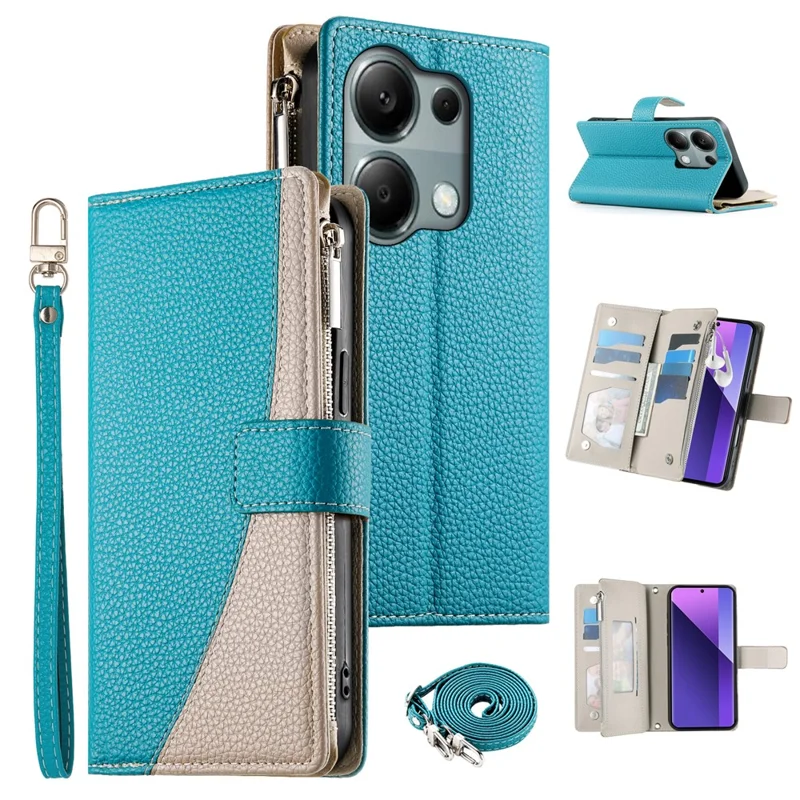 Pour Xiaomi Redmi Note 13 Pro 4G / Poco M6 Pro 4G Étui Portefeuille à Fermeture Éclair Bicolore en Cuir avec Lanières - Bleu Lac