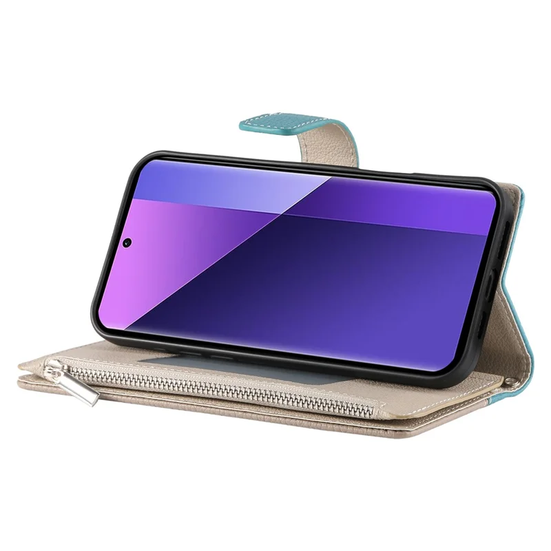 Pour Xiaomi Redmi Note 13 Pro 4G / Poco M6 Pro 4G Étui Portefeuille à Fermeture Éclair Bicolore en Cuir avec Lanières - Bleu Lac