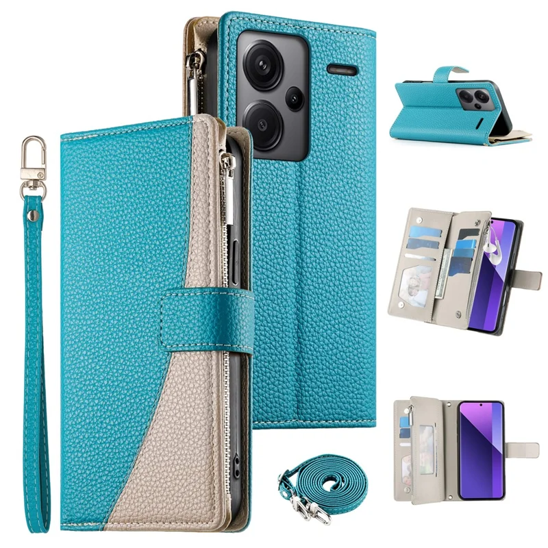 Für Xiaomi Redmi Note 13 Pro+ 5G Hülle Reißverschlusstasche Farbsplitter Leder Klapphülle mit Riemen - Seeblau