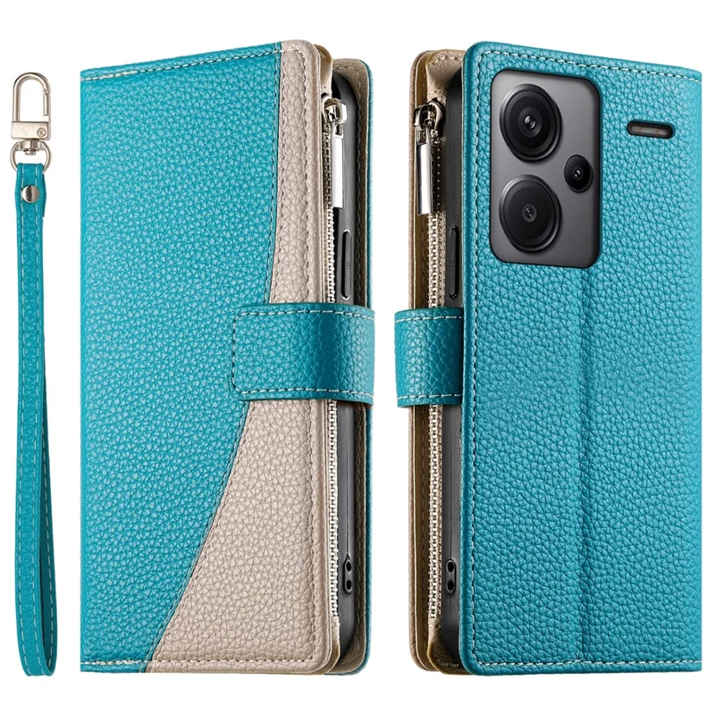 Für Xiaomi Redmi Note 13 Pro+ 5G Hülle Reißverschlusstasche Farbsplitter Leder Klapphülle mit Riemen - Seeblau