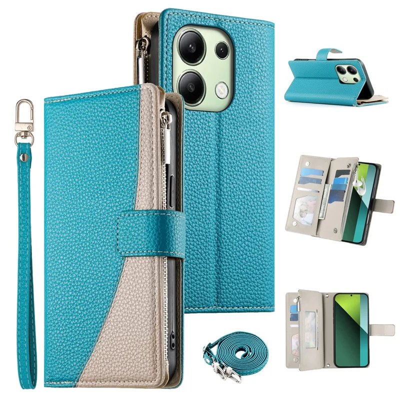 Cover a portafoglio con cerniera per Xiaomi Redmi Note 13 4G - Colore bicolore con laccetto, in pelle blu lago