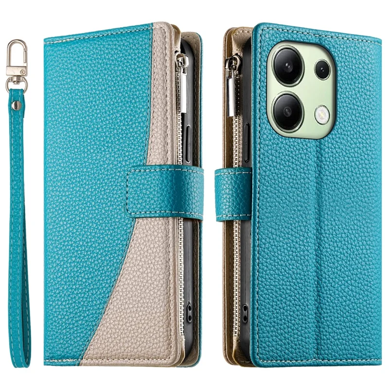 Cover a portafoglio con cerniera per Xiaomi Redmi Note 13 4G - Colore bicolore con laccetto, in pelle blu lago