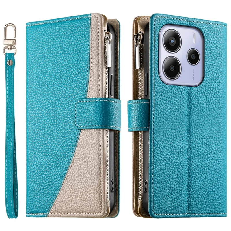 Funda tipo cartera con cremallera para Xiaomi Redmi Note 14 5G - Combinación de colores y cuero con correas, color azul lago