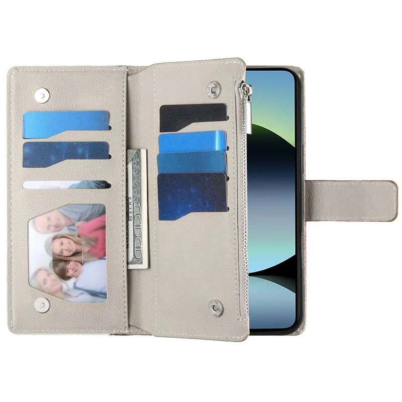 Funda tipo cartera con cremallera para Xiaomi Redmi Note 14 5G - Combinación de colores y cuero con correas, color azul lago
