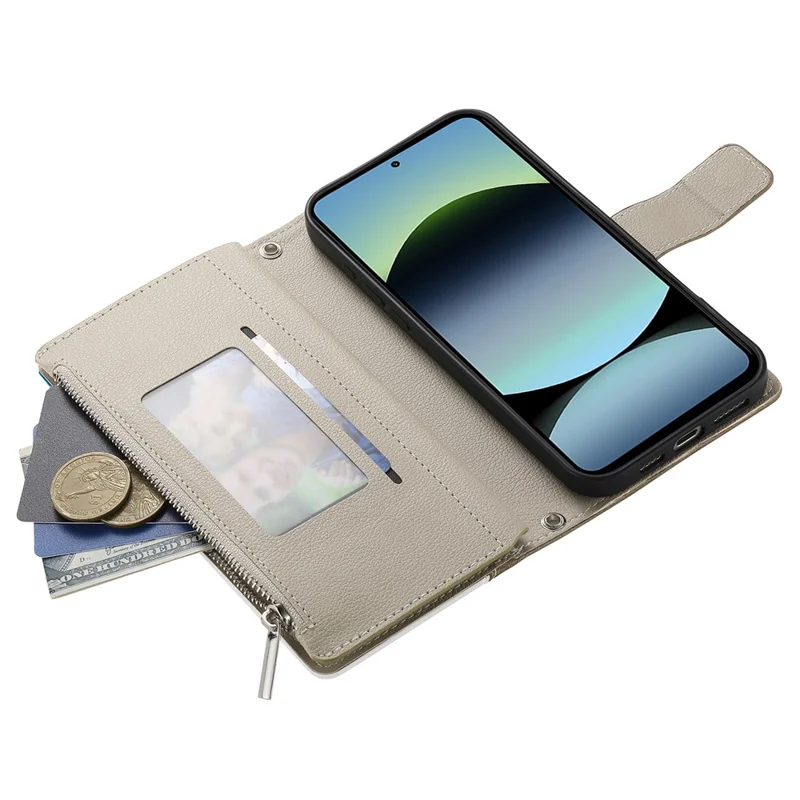Funda tipo cartera con cremallera para Xiaomi Redmi Note 14 5G - Combinación de colores y cuero con correas, color azul lago