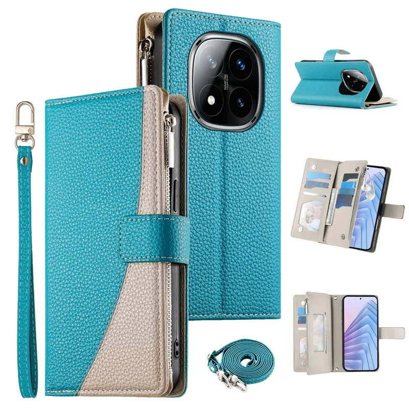 For Xiaomi Redmi Note 14 Pro 4G Case Zipper Wallet Color Splicing Leather Flip Phone Cover with Straps - Lake Blue