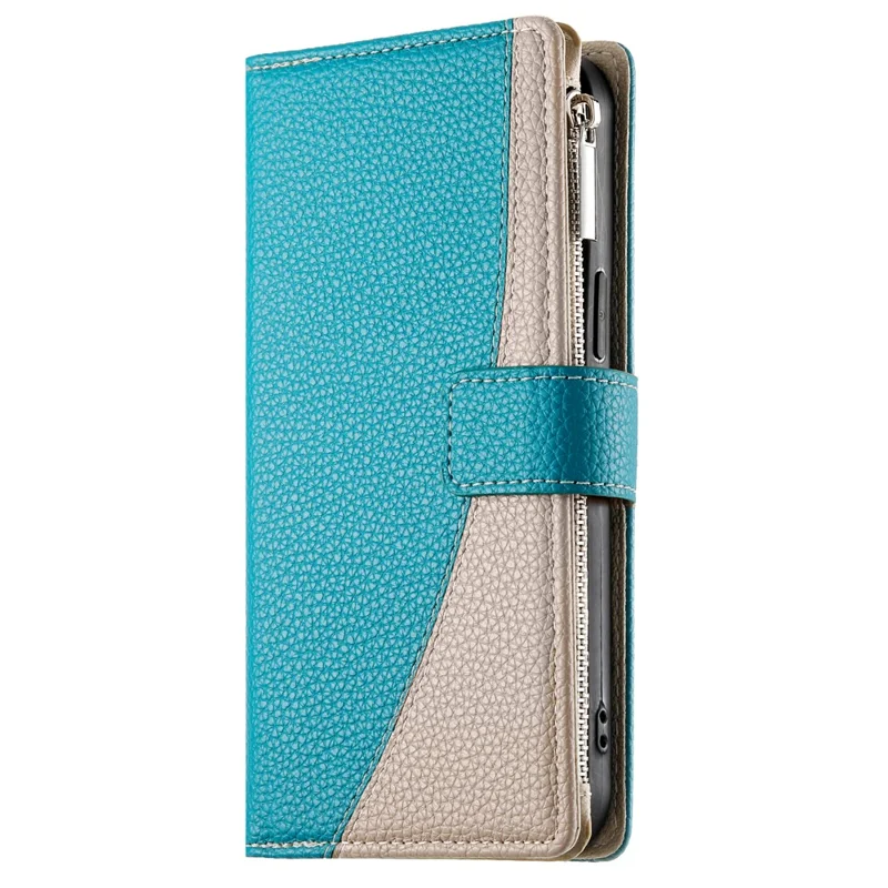 For Xiaomi Redmi Note 14 Pro 4G Case Zipper Wallet Color Splicing Leather Flip Phone Cover with Straps - Lake Blue