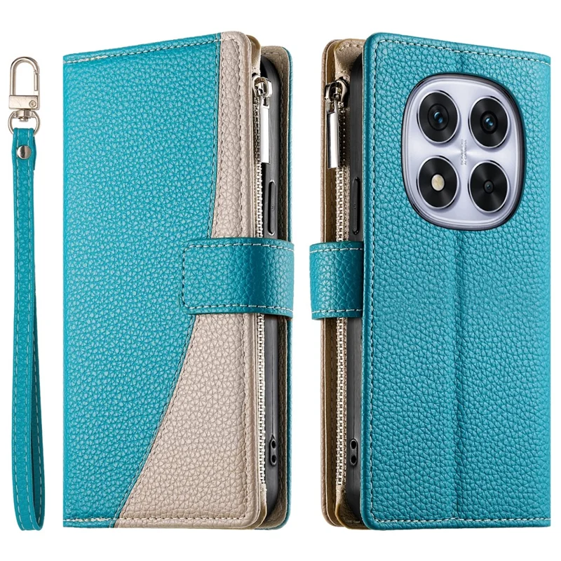 Cover a portafoglio con cerniera per Xiaomi Redmi Note 14 Pro 5G - Design a contrasto, colore blu lago, con cinghiette