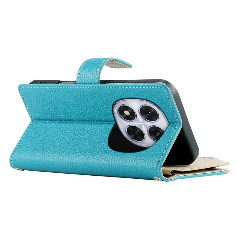 Cover a portafoglio con cerniera per Xiaomi Redmi Note 14 Pro 5G - Design a contrasto, colore blu lago, con cinghiette
