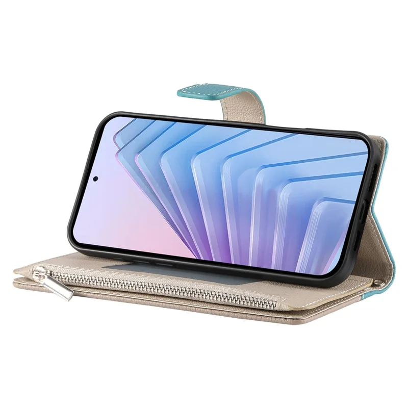 Cover a portafoglio con cerniera per Xiaomi Redmi Note 14 Pro 5G - Design a contrasto, colore blu lago, con cinghiette