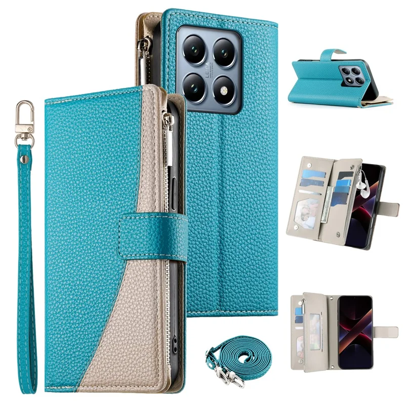 For Xiaomi 14T Pro Case Zipper Wallet Color Splicing Leather Flip Phone Cover with Straps - Lake Blue