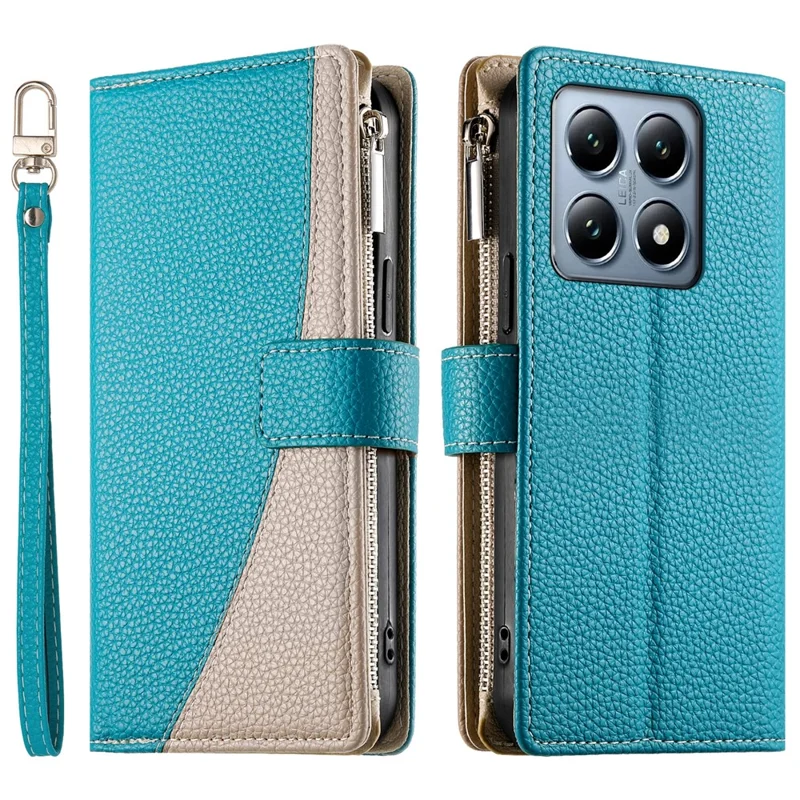 For Xiaomi 14T Pro Case Zipper Wallet Color Splicing Leather Flip Phone Cover with Straps - Lake Blue