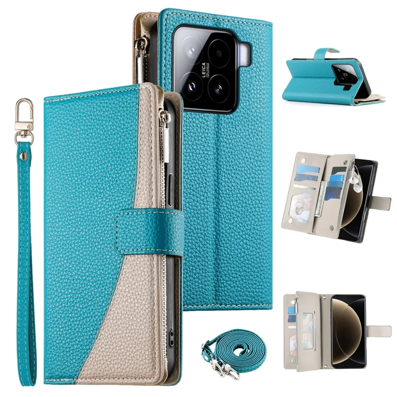 For Xiaomi 15 Case Zipper Wallet Color Splicing Leather Flip Phone Cover with Straps - Lake Blue