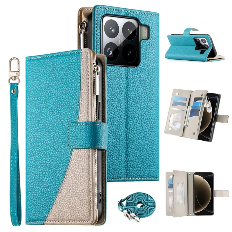 Cover a portafoglio con cerniera per Xiaomi 15 Pro - Colore a contrasto in pelle con laccetti - Blu lago