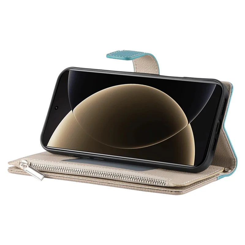 Cover a portafoglio con cerniera per Xiaomi 15 Pro - Colore a contrasto in pelle con laccetti - Blu lago