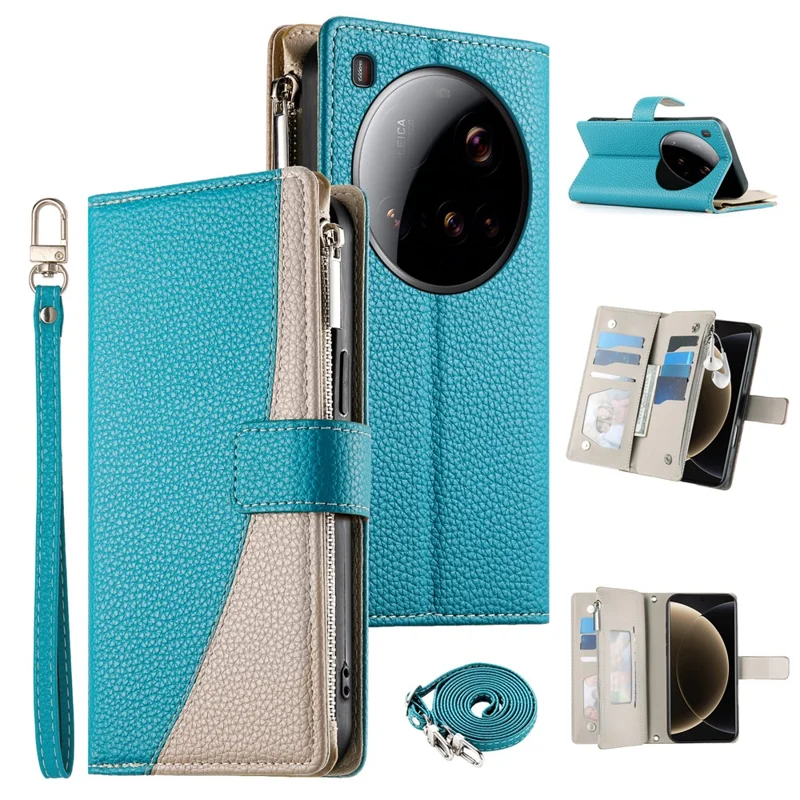 For Xiaomi 15 Ultra Case Zipper Wallet Color Splicing Leather Flip Phone Cover with Straps - Lake Blue