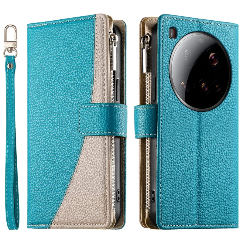 For Xiaomi 15 Ultra Case Zipper Wallet Color Splicing Leather Flip Phone Cover with Straps - Lake Blue