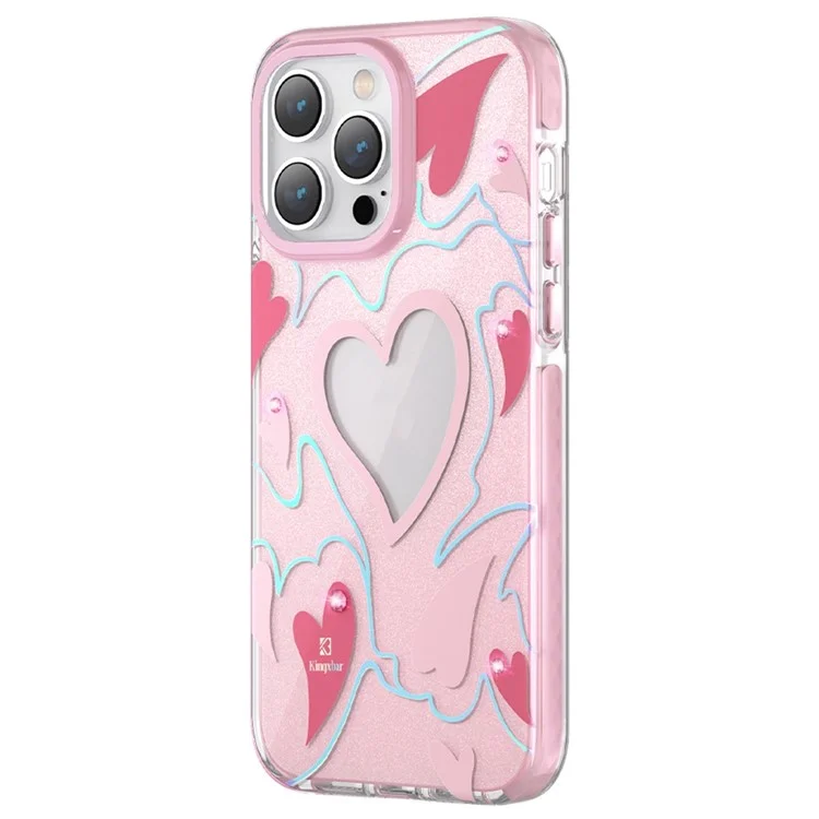 KINGXBAR Sparkle Glitters Protective Case for iPhone 14 Pro Max Shockproof Anti-Drop Cover Hard PC+PET IMD Anti-Yellow Phone Shell with Rhinestone Decoration - Pink Heart