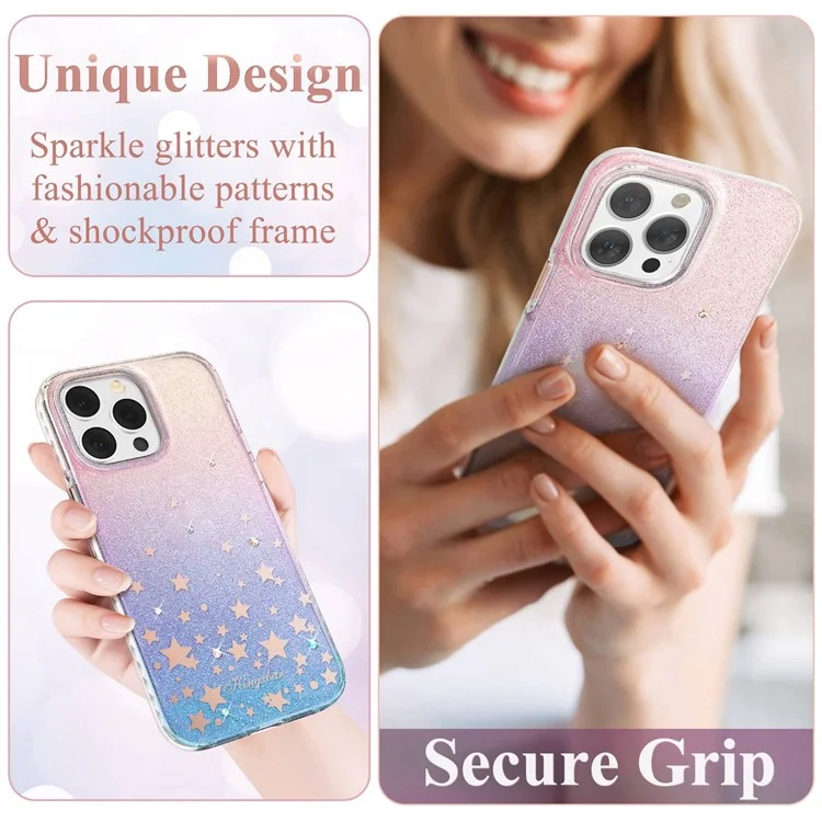 KINGXBAR Sparkle Glitters Protective Case for iPhone 14 Pro Max Shockproof Anti-Drop Cover Hard PC+PET IMD Anti-Yellow Phone Shell with Rhinestone Decoration - Pink Heart