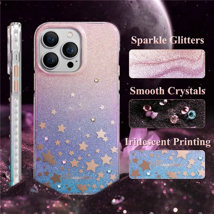 KINGXBAR Sparkle Glitters Protective Case for iPhone 14 Pro Max Shockproof Anti-Drop Cover Hard PC+PET IMD Anti-Yellow Phone Shell with Rhinestone Decoration - Pink Heart
