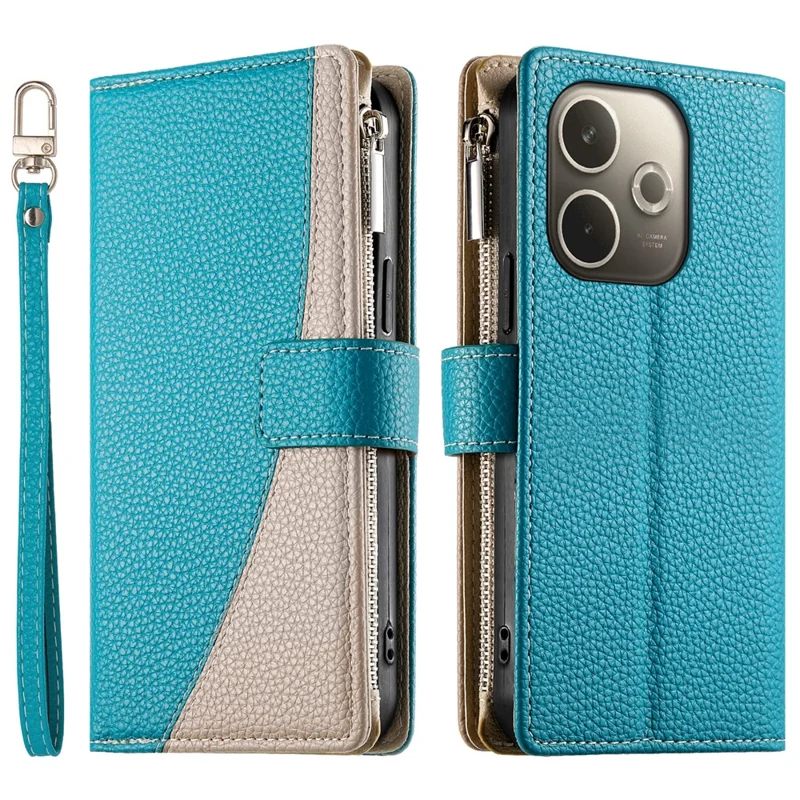 Leather Case For Oppo A5 Pro 5G (Global)  /  4G (Global)  /  A5 Energy 5G (China) Zipper Wallet Color Splicing Flip Phone Cover with Straps - Lake Blue