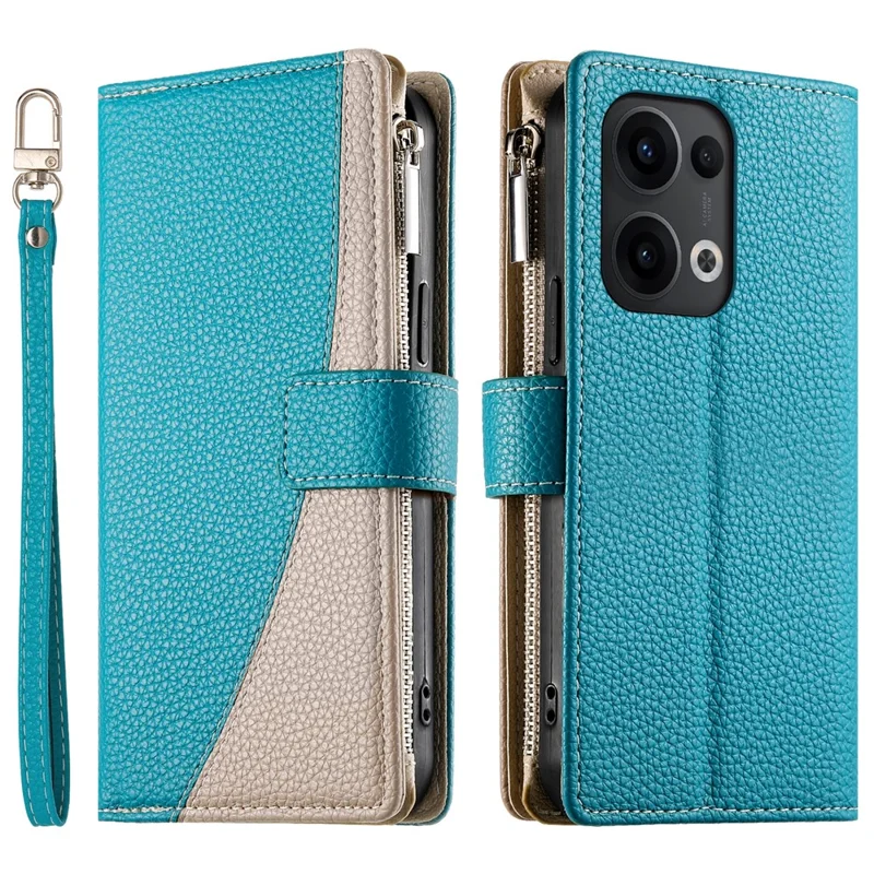 Cover a portafoglio con cerniera per Oppo Reno13 5G (Globale) - Colore bicolore in pelle con laccetti - Blu lago