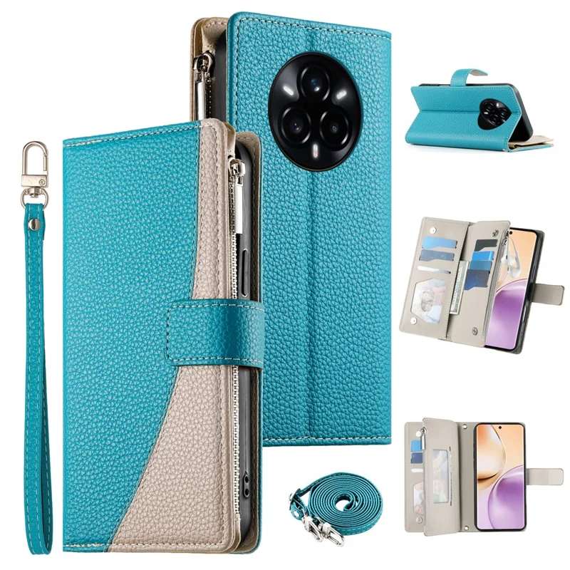 For Realme 14 Pro+ 5G Case Zipper Wallet Color Splicing Leather Flip Phone Cover with Straps - Lake Blue