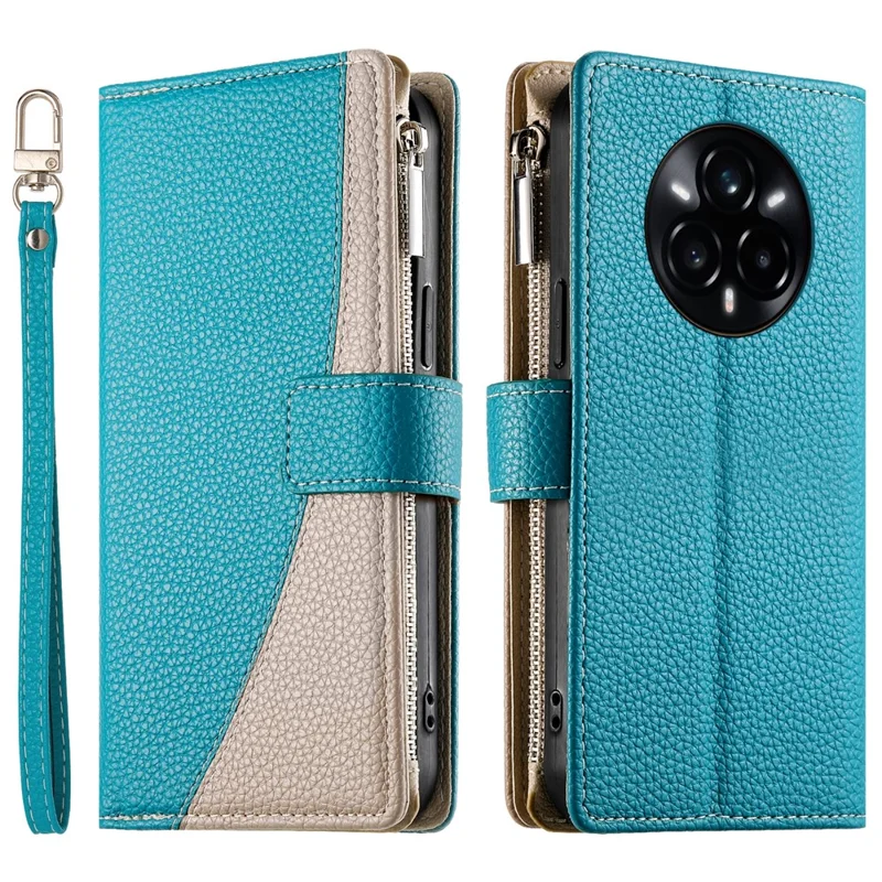 For Realme 14 Pro+ 5G Case Zipper Wallet Color Splicing Leather Flip Phone Cover with Straps - Lake Blue