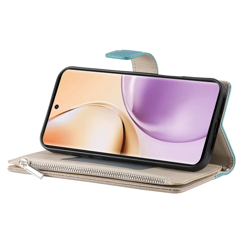 For Realme 14 Pro+ 5G Case Zipper Wallet Color Splicing Leather Flip Phone Cover with Straps - Lake Blue