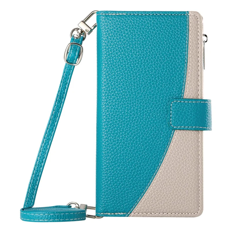 For Realme 14 Pro+ 5G Case Zipper Wallet Color Splicing Leather Flip Phone Cover with Straps - Lake Blue