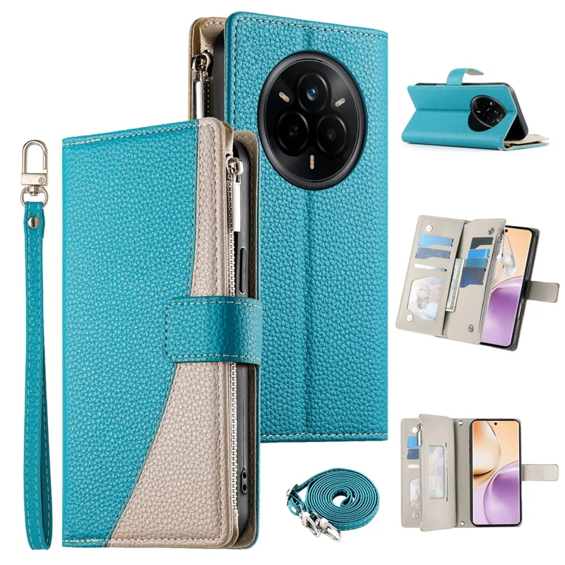 For Realme 14 Pro 5G Case Zipper Wallet Color Splicing Leather Flip Phone Cover with Straps - Lake Blue
