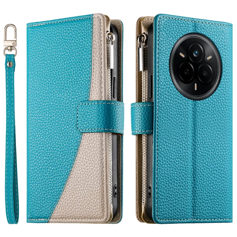 For Realme 14 Pro 5G Case Zipper Wallet Color Splicing Leather Flip Phone Cover with Straps - Lake Blue