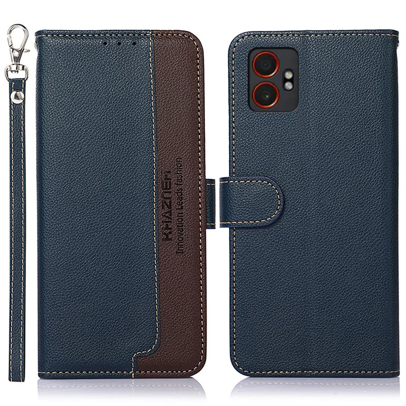 Étui KHAZNEH pour Samsung Galaxy XCover7 Pro Portefeuille avec blocage RFID Housse de téléphone en cuir PU avec sangle - Bleu