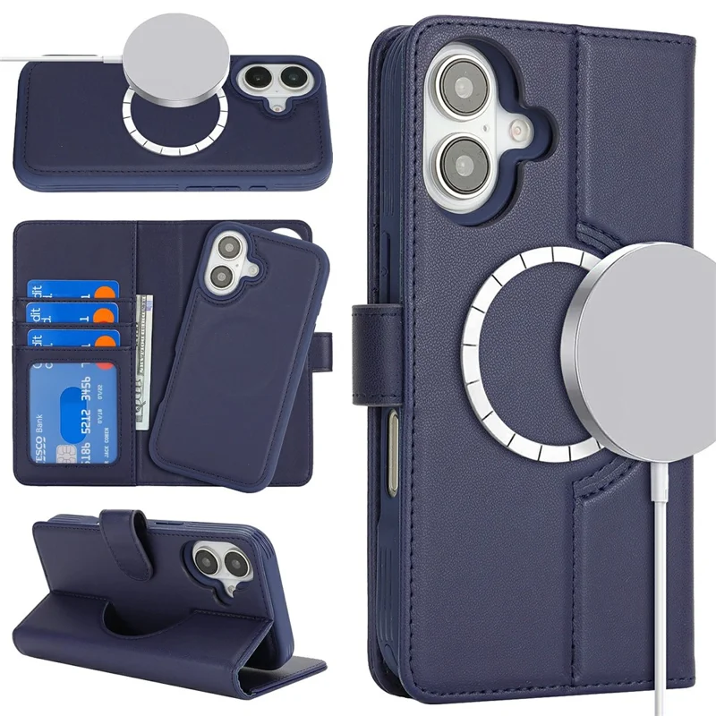 For iPhone 16 Wallet Case Compatible with MagSafe Anti-Drop Detachable PU Leather Phone Cover