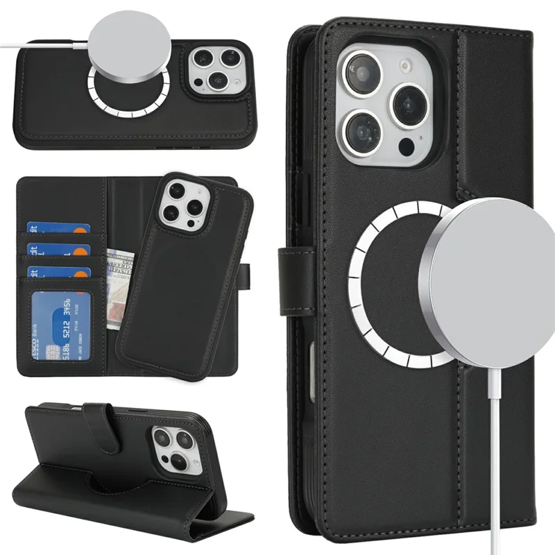 Cover a portafoglio per iPhone 16 Pro compatibile con MagSafe, antiurto, in pelle PU staccabile - Nero