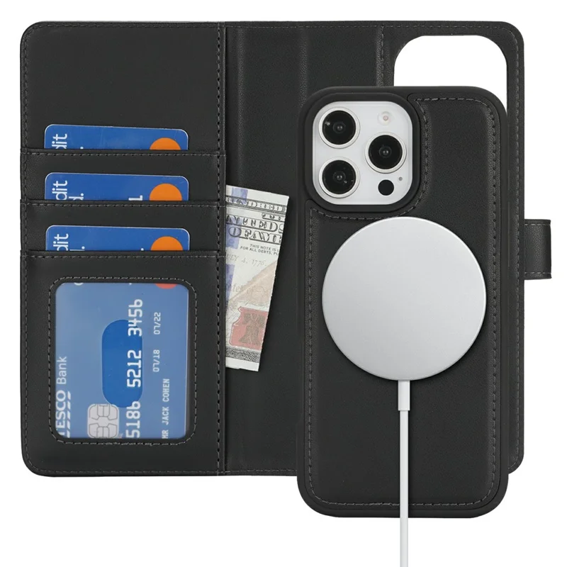 Cover a portafoglio per iPhone 16 Pro compatibile con MagSafe, antiurto, in pelle PU staccabile - Nero