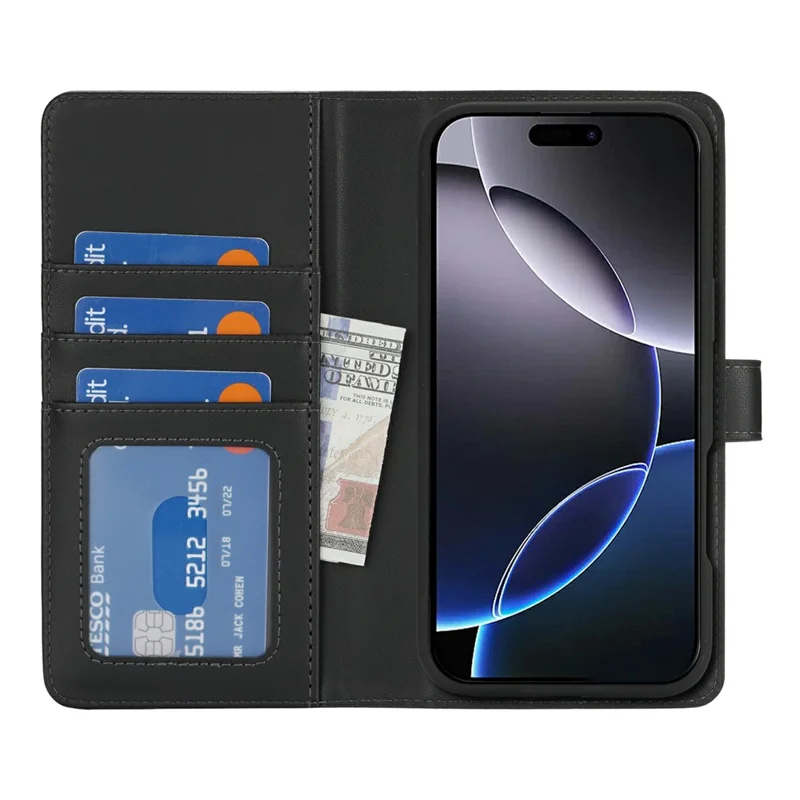 Cover a portafoglio per iPhone 16 Pro Max compatibile con MagSafe, antiurto, in pelle PU staccabile - Nero