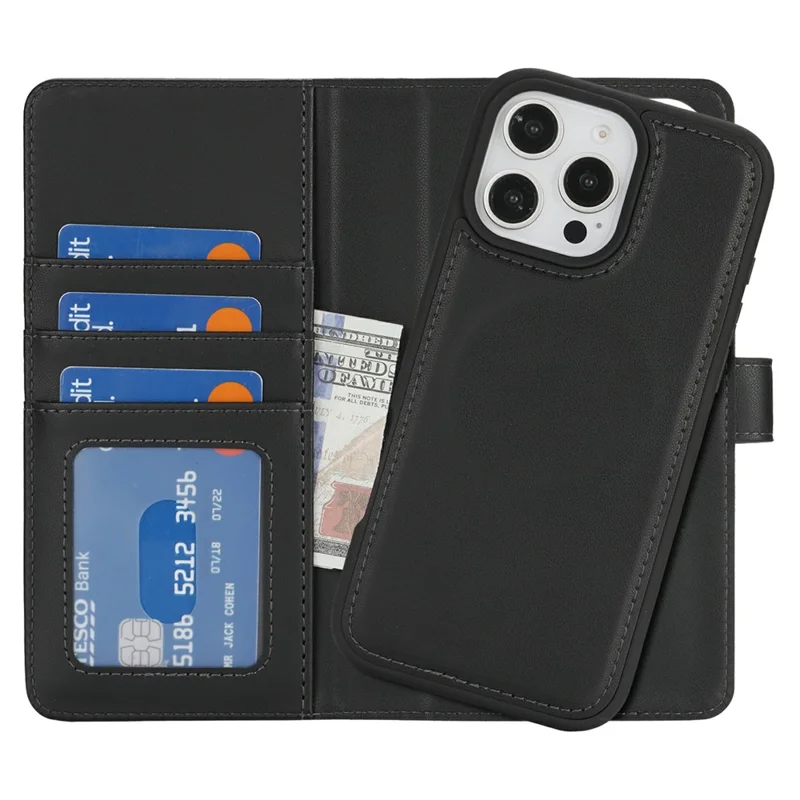 Cover a portafoglio per iPhone 16 Pro Max compatibile con MagSafe, antiurto, in pelle PU staccabile - Nero