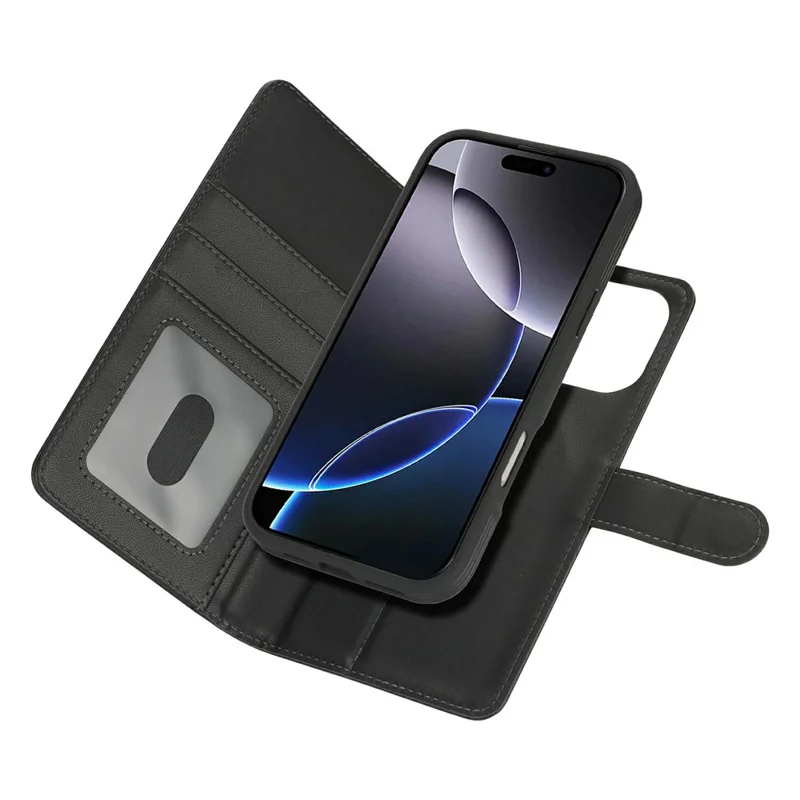 Cover a portafoglio per iPhone 16 Pro Max compatibile con MagSafe, antiurto, in pelle PU staccabile - Nero