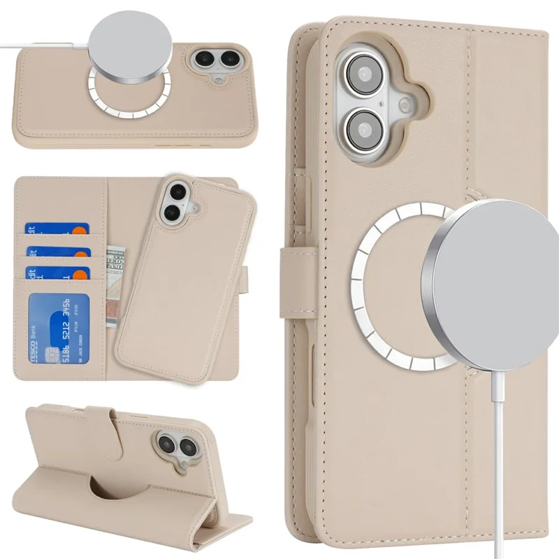 Funda Cartera para iPhone 16 Plus Compatible con MagSafe Anticaídas, Desmontable, de Cuero PU - Beige