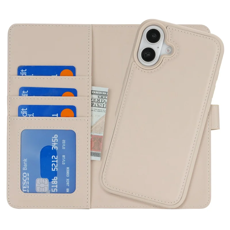 Funda Cartera para iPhone 16 Plus Compatible con MagSafe Anticaídas, Desmontable, de Cuero PU - Beige