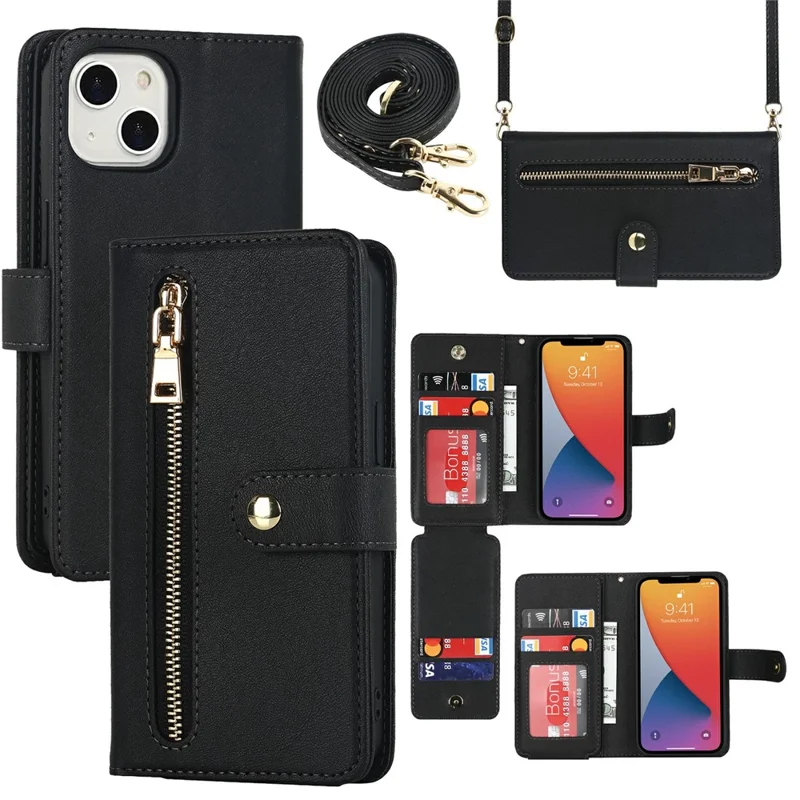 Funda con Soporte para iPhone 13 mini de Cuero PU con Correas / Cartera con Cremallera / Múltiples Ranuras para Tarjetas - Negro