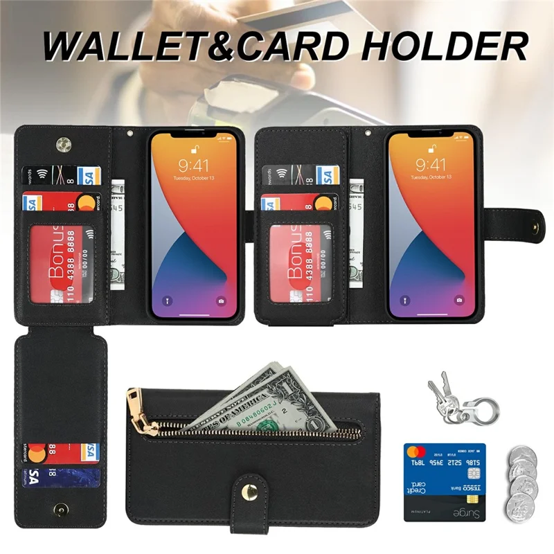 Funda con Soporte para iPhone 13 mini de Cuero PU con Correas / Cartera con Cremallera / Múltiples Ranuras para Tarjetas - Negro
