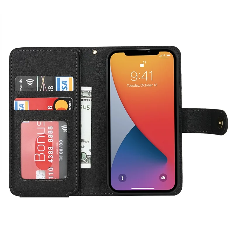 Funda con Soporte para iPhone 13 mini de Cuero PU con Correas / Cartera con Cremallera / Múltiples Ranuras para Tarjetas - Negro