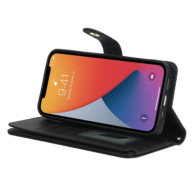Funda con Soporte para iPhone 13 mini de Cuero PU con Correas / Cartera con Cremallera / Múltiples Ranuras para Tarjetas - Negro