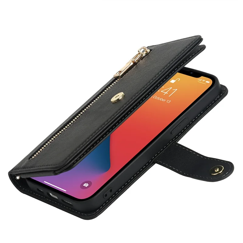 Funda con Soporte para iPhone 13 mini de Cuero PU con Correas / Cartera con Cremallera / Múltiples Ranuras para Tarjetas - Negro