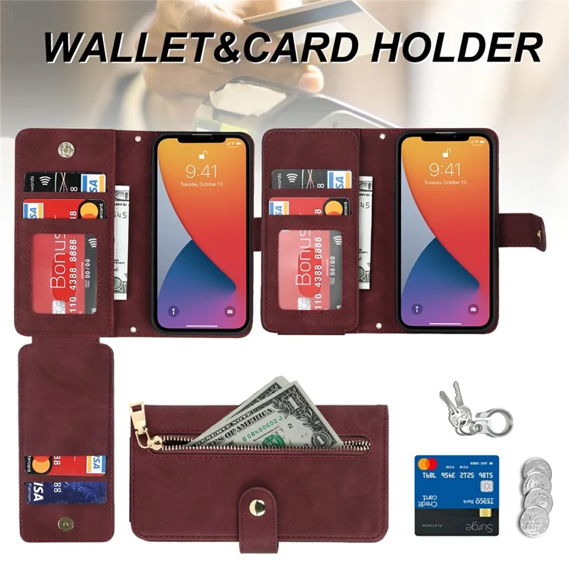 For iPhone 13 mini Stand Case PU Leather Phone Cover with Straps  /  Zipper Wallet  /  Multiple Card Slots - Wine Red