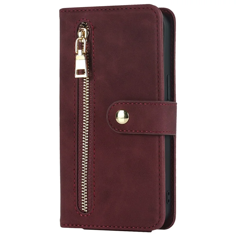 For iPhone 13 mini Stand Case PU Leather Phone Cover with Straps  /  Zipper Wallet  /  Multiple Card Slots - Wine Red